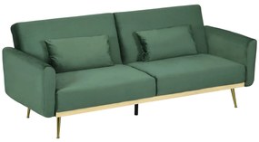 HOMCOM Canapea Extensibilă cu 3 Locuri, 2 Perne, Picioare Pliabile și Spătar Reglabil, 206x81x83 cm, Verde | Aosom Romania