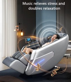 Fotoliu de masaj HADES, cu Incalzire, Bluetooth, Display, Ecran tactil, Controler rapid cotiera, Zero Gravity, 2 Boxe, Moduri Automate, Suport Picioare extensibil, Piele PU Premium, Gri