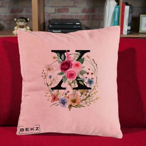 Cadou Personalizat - Perna Personalizata Monograma Florala Litera X cu Coroana, 40x40 cm, Roz, Husa Detasabila, Perna Inclusa, BEKZ®