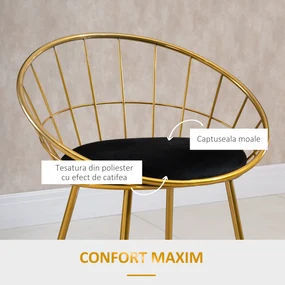 HOMCOM Set 2 Scaune Bar Înalte, Design Modern, Pernă Catifea, Poliester și Metal, Negru și Auriu, Confortabil | Aosom Romania