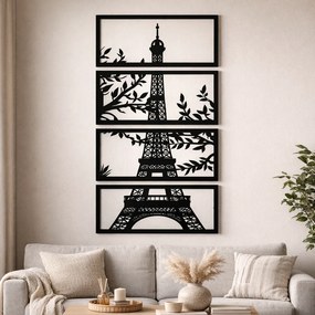 Decorațiune de perete Turnul Eiffel în 4 panouri, siluetă neagră cu frunze 45 x 21 cm