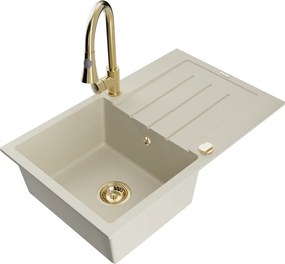 Mexen Bruno chiuvetă de granit cu o singură cameră cu picurător și robinet de bucătărie Elia, bej - 6513-69-670101-50