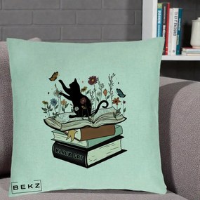 Perna Personalizata Pisica Neagra Carti Flori Fluturi, 40x40 cm, Verde Menta, Husa Detasabila, Perna Inclusa, BEKZ®