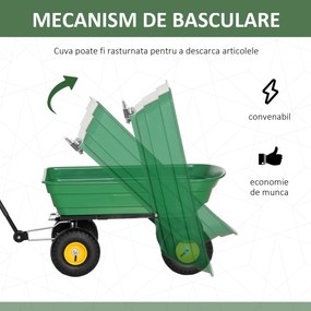 Cărucior de grădină 75L din oțel și PP cu cuvă rabatabilă și mâner de transport, 109x52x94 cm, de culoare verde închis Outsunny | Aosom Romania