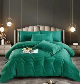 Set 10 Lenjerii Horeca, Pat Dublu, 100% Damasc Premium, 6 Piese, Cu Elastic - Verde Smarald