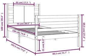 Cadru de pat Small Single 2FT6, negru, 75x190 cm lemn masiv pin Negru, 75 x 190 cm