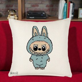 Perna Personalizata Labubu Albastru-Gri Solo, 40x40 cm, Crem Reliefat, Husa Detasabila, Perna Inclusa, BEKZ®