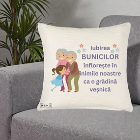 Cadou pentru Bunici - Perna Personalizata Bunicii Iubirea Infloreste Bunici cu Nepoata Colorat, 40x40 cm, Crem Reliefat, Husa Detasabila, Perna Inclusa, BEKZ®