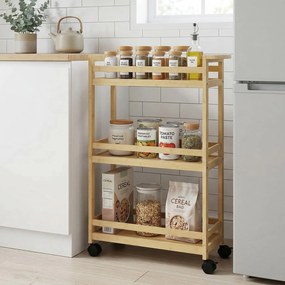 HOMCOM Raft de Baie din Bambus cu 3 Niveluri, Carucior Organizator cu Roți pentru Bucătărie, Baie, Living, 55 x 20 x 75 cm - Natural | Aosom Romania