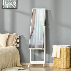 HOMCOM Oglindă Portbijuterii, Dulap Portbijuterii cu Unghi Reglabil, Organizator pentru Inele, Coliere, Cercei, Încuietoare cu Cheie, pentru Dormitor, Living, 46x36.5x151.5cm, Alb | Aosom Romania