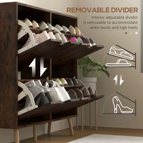 HOMCOM Pantofar cu 4 Sertare Rabatabile pe 2 Niveluri pentru 16 Perechi de Pantofi, 95x26x95 cm, Maro | Aosom Romania