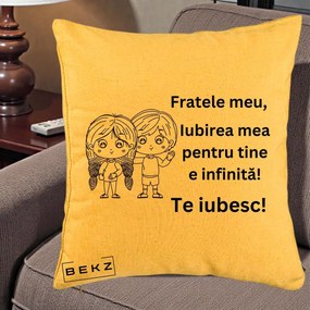 Cadou pentru Frate - Perna Personalizata Fratele Meu Te Iubesc Copii Anime Line Art Negru, 40x40 cm, Galben, Husa Detasabila, Perna Inclusa, BEKZ®
