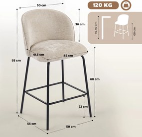HOMCOM Set 2 Scaune de Bar din Chenille, 68 cm, cu Spătar și Suport pentru Picioare, Cadru din Oțel, Bej | Aosom Romania