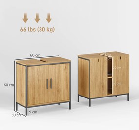 HOMCOM Dulap sub chiuvetă, dulap cu 2 uși, raft reglabil, 60x30x60 cm dulap de baie cu cadru din oțel, pentru chiuvete fără piedestal, stejar | Aosom Romania