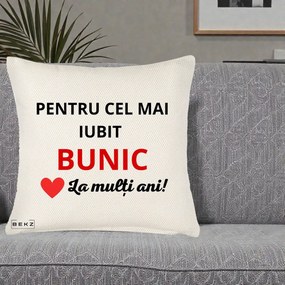 Cadou pentru Bunic - Perna Personalizata Pentru Cel Mai Iubit Bunic La Multi Ani Rosu, 40x40 cm, Crem Reliefat, Husa Detasabila, Perna Inclusa, BEKZ®