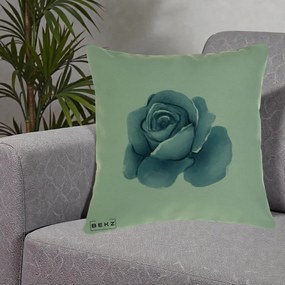 Perna Decorativa Trandafir Albastru Acuarela, 40x40 cm, Verde, Husa Detasabila, Perna Inclusa, BEKZ®