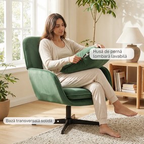 HOMCOM Fotoliu de Salon Rotativ 360° cu Pernă Lombară Detașabilă, Șezut Generos, Fotoliu Tapițat Modern din Catifea cu Cotiere, pentru Living, 73x83.5x85 cm, Verde | Aosom Romania