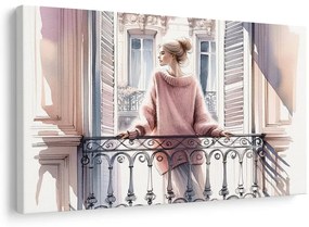 Tablou fată în pulover roz pe balcon