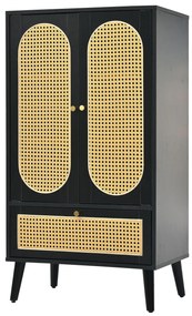 Comodă compactă, design din ratan, 2 uși, 1 sertar, 60×40×110,5 cm, Negru