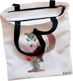 Sacosa de Panza pentru Cumparaturi, Geanta Tote, Cu litera P Rose Gold si Trandafiri, Cu fermoar, 38x34.5 cm, Alba, BEKZ®