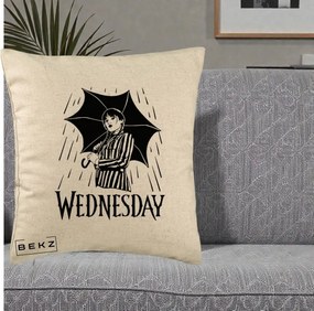 Perna Personalizata Wednesday cu Umbrela Ploaie Lineart, 40x40 cm, Bej, Husa Detasabila, Perna Inclusa, BEKZ®