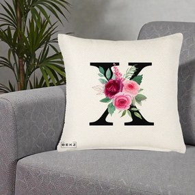 Cadou Personalizat - Perna Personalizata Monograma Florala Litera X cu Buchet, 40x40 cm, Crem Reliefat, Husa Detasabila, Perna Inclusa, BEKZ®
