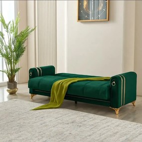 Canapea extensibila cu lada de depozitare 220x87x93 cm , detalii aurii,verde – Camara