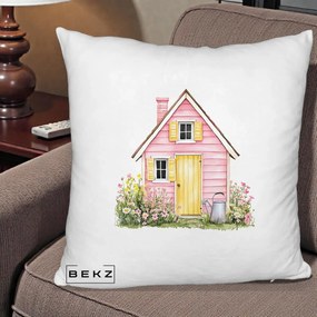 Perna Decorativa Casuta Roz Acuarela cu Gradina, 40x40 cm, Alb Pufos, Husa Detasabila, Perna Inclusa, BEKZ®