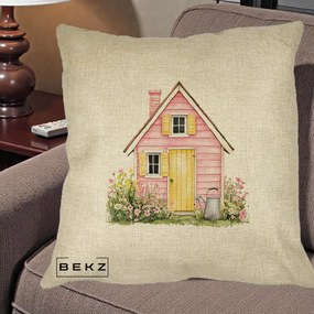 Perna Decorativa Casuta Roz Acuarela cu Gradina, 40x40 cm, Crem, Husa Detasabila, Perna Inclusa, BEKZ®