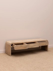 Comodă TV living din lemn de mango, natur, cu 3 sertare și laterale rotunjite în cascadă, 45,5 x 160,5 x 45,5 cm, „Losail”