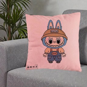 Perna Personalizata Labubu Toanart Blugi, 40x40 cm, Roz, Husa Detasabila, Perna Inclusa, BEKZ®