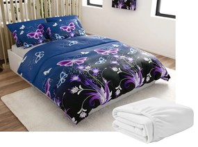 Set Lenjerie cocolino VIOLET BUTTERFLY albastru inchis + Cearsaf Cocolino microplus cu elastic SOFT 180x200 cm alb, pat dublu