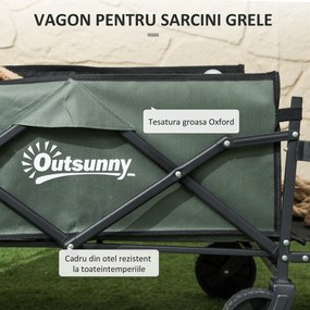 Outsunny Cărucior Pliabil de Grădină cu Deschidere Posterioară, Roți, Buzunare de Depozitare și Mâner, 125x48x78-102 cm, Verde | Aosom Romania