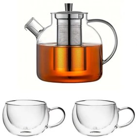 Set ceainic Sebej 1 litru si 2 cani pereti dubli 300 ml, sticla borosilicata