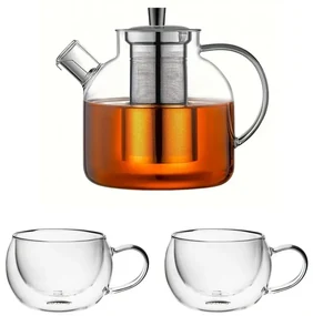 Set ceainic Sebej 1 litru si 2 cani pereti dubli 300 ml, sticla borosilicata