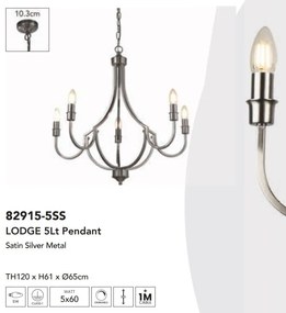 Candelabru cu 5 brate design vintage Lodge argintiu satinat