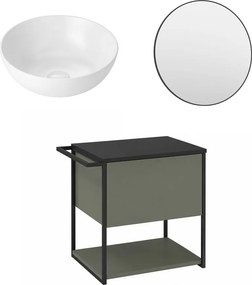 Set dulap baza suspendat Krofam Lov verde-negru 60 cm blat negru cu lavoar 39 cm si oglinda cu rama neagra