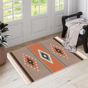 Covor camera antiderapant, 80x200 cm, etnic maro teracota, Model Navajo
