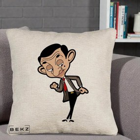 Perna Personalizata Mr. Bean Caricatura, 40x40 cm, Bej Canapea, Husa Detasabila, Perna Inclusa, BEKZ®