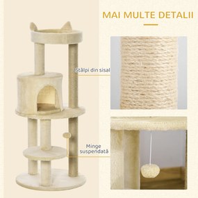 PawHut Ansamblu de Joacă pentru pisici adulte cu căsuță spațioasă și platformă, 104 cm, Crem | Aosom Romania