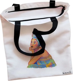 Sacosa de Panza pentru Cumparaturi, Geanta Tote, model Portret Vibrant 2, Cu fermoar, 38x34.5 cm, Alba, BEKZ®