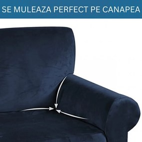 Set huse elastice din catifea pentru canapea 3 locuri + 2 fotolii, cu brate, bleumarin, HCCJS-04