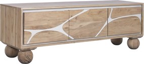 Comodă TV living din lemn de acacia, natur, cu 3 uși, decor alb și picioare sferice, 50 x 145 x 40 cm, „Alvera”
