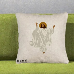 Perna Decorativa Iisus Hristos Invierea Silueta Minimalista, 40x40 cm, Bej Canapea, Husa Detasabila, Perna Inclusa, BEKZ®