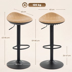 HOMCOM Set de 2 tabureți de bar, scaune de bar reglabile pe înălțime cu suport pentru picioare, pivotante 360°, bază din oțel, stejar | Aosom Romania