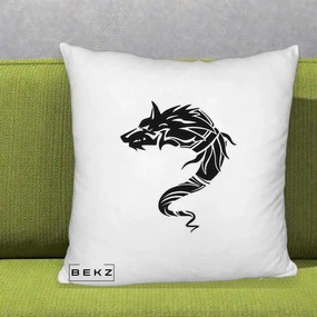 Perna Decorativa Lup Tribal Alb-Negru, 40x40 cm, Alb Pufos, Husa Detasabila, Perna Inclusa, BEKZ®