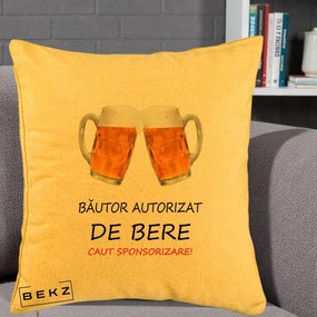 Perna Decorativa Bautor Autorizat de Bere, 40x40 cm, Galben, Husa Detasabila, Perna Inclusa, BEKZ®