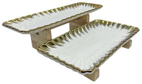 Set 2 platouri Supraetajate Candy Bar, Alb cu Auriu, Portelan cu suport lemn, 32x15 cm