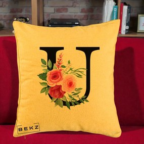 Cadou Personalizat - Perna Personalizata Monograma Florala Litera U, 40x40 cm, Galben, Husa Detasabila, Perna Inclusa, BEKZ®