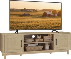 HOMCOM Comodă TV 135 cm, mobilier TV pentru televizor până la 165,1 cm cu 2 uși din ratan, 2 compartimente deschise, stejar | Aosom Romania